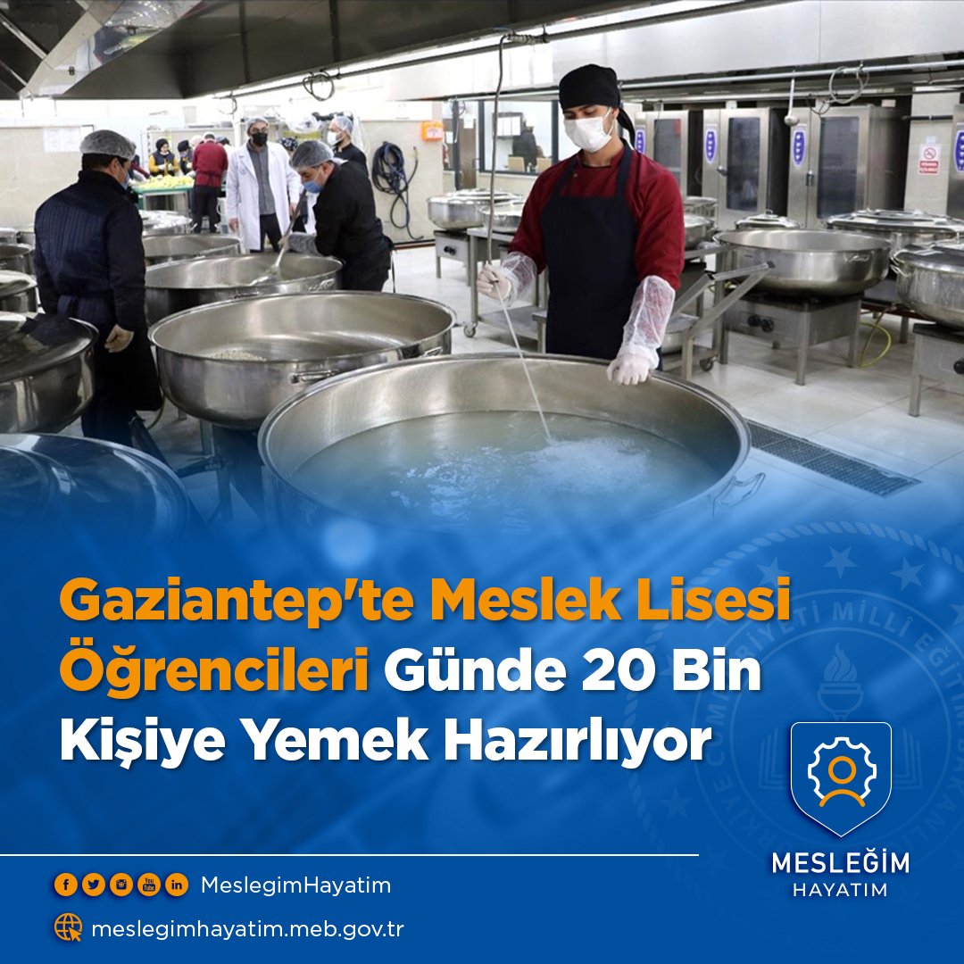 #MesleğimHayatım | 📰

Gaziantep'teki Beylerbeyi Mesleki ve Teknik Anadolu Lisesi öğretmenleri ve öğrencilerinin hazırladığı yemekler her gün 20 bin kişiye ulaştırılıyor.

Tebrik ederiz. 👏🏻👏🏻

👉🏻meb.ai/UBN9XO