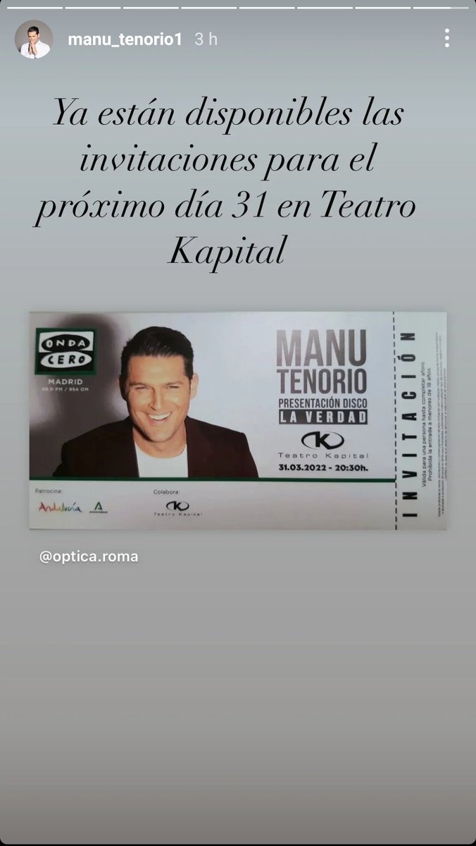 ManuTenorioNews's tweet photo. ¡Ya están disponibles las entradas para el concierto de @manutenorio en @teatroKAPITAL de #Madrid el 31 de marzo en colaboración con @viveandalucia y @OndaCero_es .Se recogen en Óptica Roma,Paseo de la Castellana,148. https://t.co/OLF92MeDys