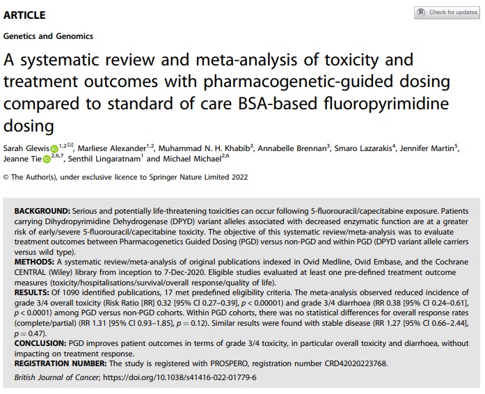 "Results confirmed our hypothesis that grade 3/4 toxicity is lower in PGD cohorts than non-PGD cohorts."

Read the review for free: rdcu.be/cJDfZ

#Chemotherapy #Geneticsresearch