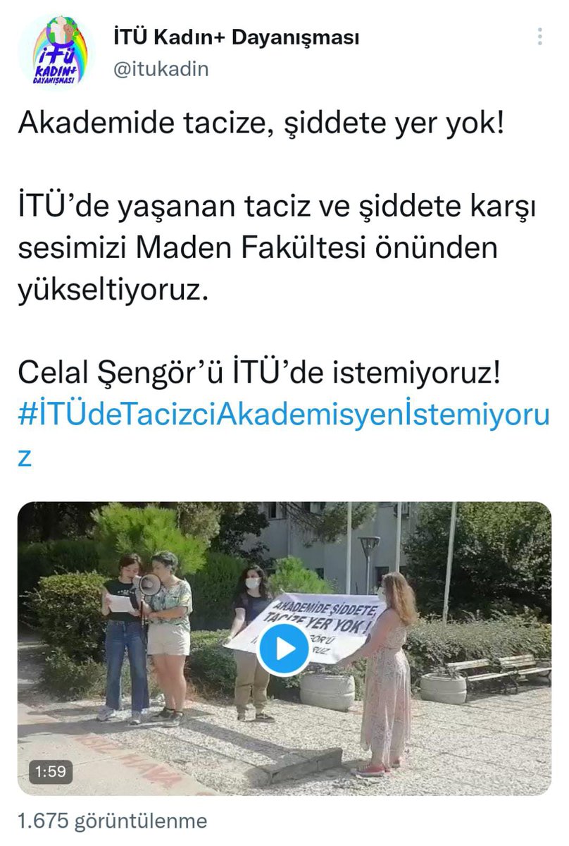 Öğrencisini nasıl taciz ettiğini bir çevrimiçi etkinlikte pişkin pişkin anlatan İTÜ öğretim üyesi Celal Şengör'ü teşhir etmiş ve üniversitemiz içinde Maden Fakültesi önünde akademide taciz faili istemediğimizi belirten bir basın açıklamasında bulunmuştuk.