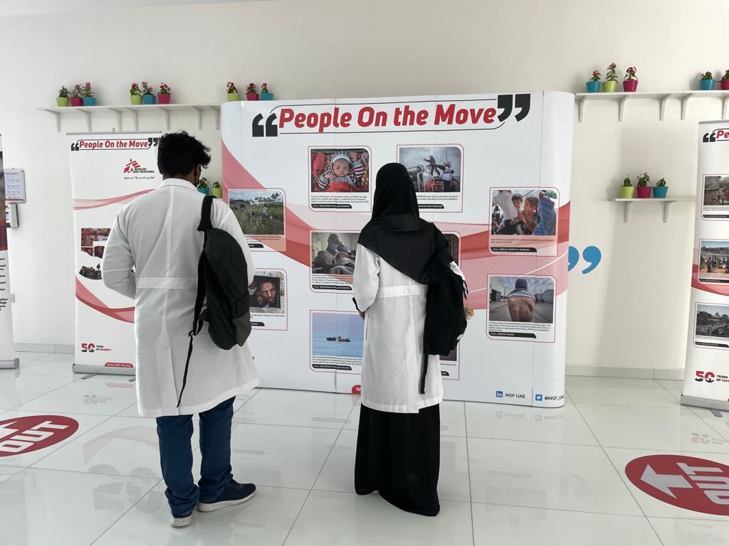 MSF_UAE's tweet photo. #WithTheCommunity - At Gulf Medical University
This week we are displaying our portal gallery #PeopleOnTheMove at @gulfmedicaluniv in #Ajman. The gallery has been visited by medical students who reflect on the stories of refugees and displaced people. https://t.co/7BbWLgW68u