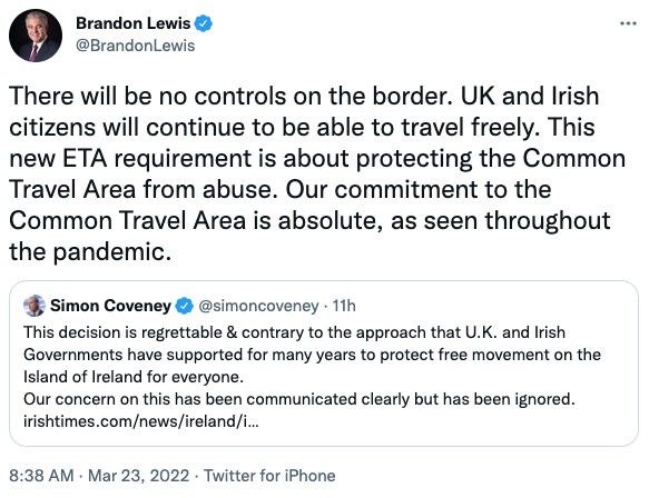 AJS77's tweet photo. @BrandonLewis Say "I'm a minister in a govt of backward English nationalist xenophobes who hate people not from my country" without saying "I'm a minister in a govt of backward English nationalist xenophobes who hate people not from my country" 👇🤦♂️
#CommonTravelArea #Ireland #BrandonLewis https://t.co/xCDhmThUQR