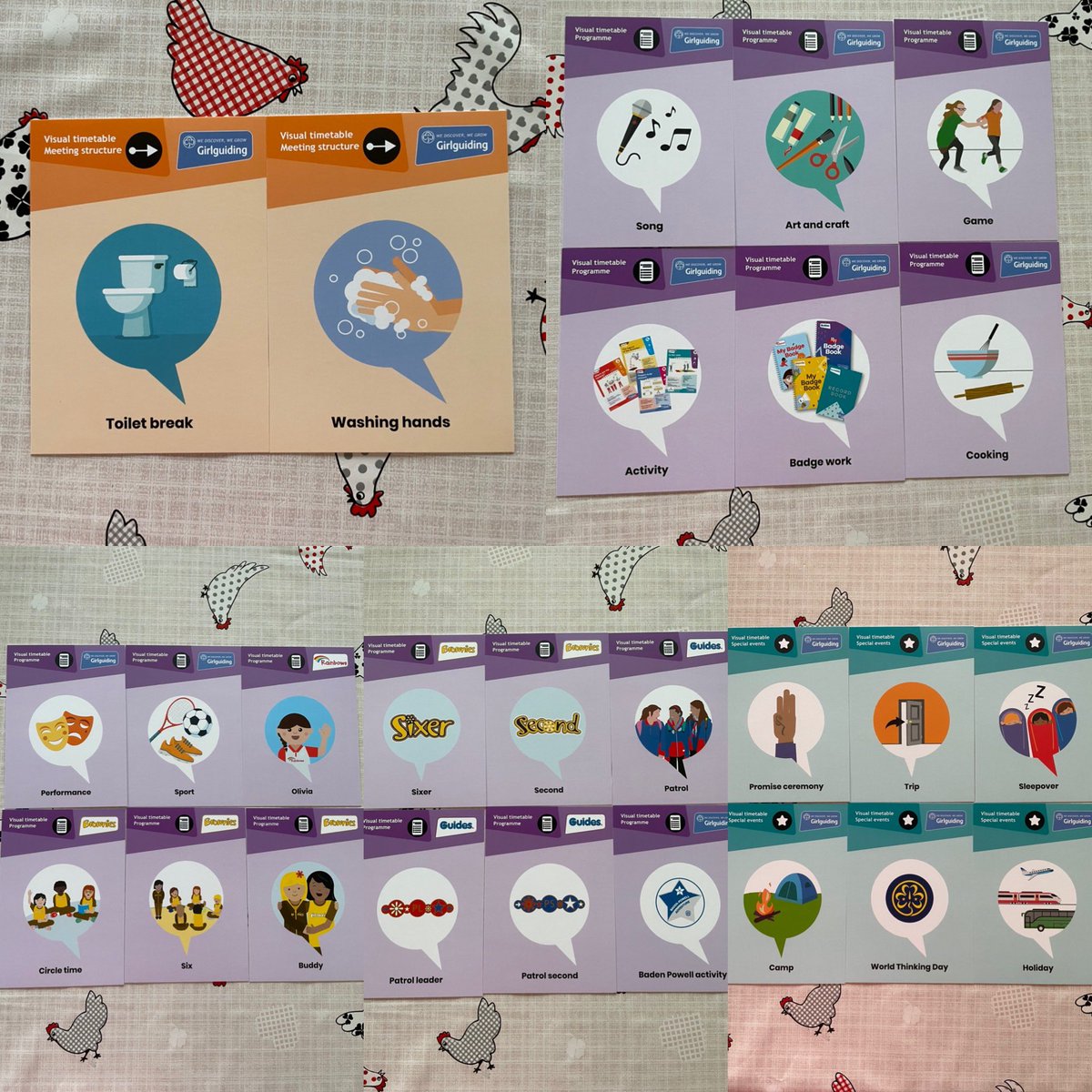 Anjelcakes's tweet photo. Thank you @Girlguiding for making these visual timetable cards! They will help my daughter no end at Brownies #inclusion #Girlguiding #brownieguide #autism #speechsoundisorder #makatonuser #creatingindependence https://t.co/tKcszBf6vP