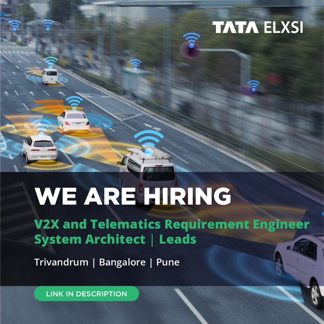 tataelxsi's tweet photo. We're looking for V2X &amp; Telematics Requirement Engineers, System Architect &amp; Leads.

To apply, click here: https://t.co/yWVvPTVN3R

#tataelxsijobs #engineering #automotive #V2X #telematics #nextgenautomotive #5g #V2X #Telematics #RequirementEngineers #SystemArchitect #Leads https://t.co/kqntqoH66N