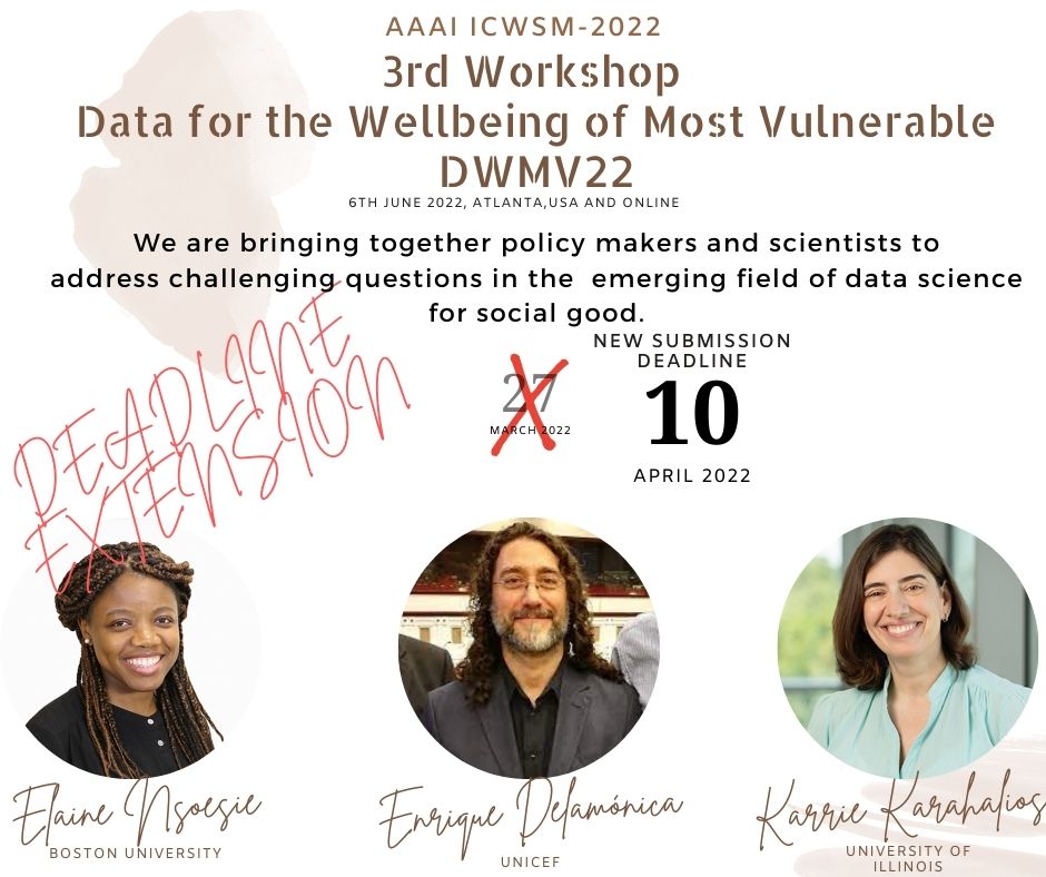 Kyriaki Kalimeri (@kyriakikalimeri) on Twitter photo 🚨Deadline Extension!!🚨 10th April Workshop on Data for the Wellbeing of Most Vulnerable @ICWSM
sites.google.com/view/dataforvu…
Submit on health, poverty, inequality, disasters and more!
w/ Keynotes by <a href="/ensoesie/">Dr. Elaine Okanye Nsoesie</a>, <a href="/kkarahal/">Karrie Karahalios</a>, Enrique Delamónica! *Please RT* 🚨Deadline Extension!!🚨 10th April Workshop on Data for the Wellbeing of Most Vulnerable @ICWSM
sites.google.com/view/dataforvu…
Submit on health, poverty, inequality, disasters and more!
w/ Keynotes by <a href="/ensoesie/">Dr. Elaine Okanye Nsoesie</a>, <a href="/kkarahal/">Karrie Karahalios</a>, Enrique Delamónica! *Please RT*
