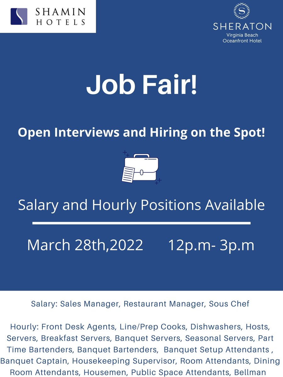 SheratonVBO's tweet image. If you like camaraderie, great benefits, and making people smile then be at our Job Fair this Monday March 28th from Noon until 3PM before all the jobs are filled! 3501 Atlantic Ave. #Hiring #Frontdesk #Housekeeping #Server #Bartender #Cook #Dishwasher #Sheraton #TeamShamin
