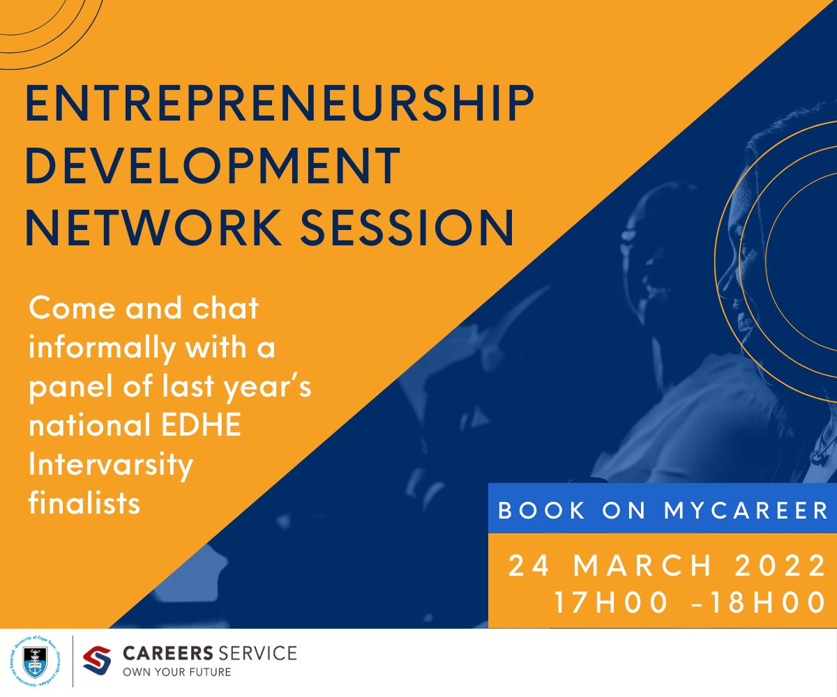 UCTCareers's tweet photo. Join us TOMORROW Thursday 24 March 2022 for an informal panel discussion with EDHE Entrepreneurship Intervarsity national finalists Chido Dzinotyiwei (Vambo Academy), Vuthlarhi Shirindza (Chewi) and Tshegofatso Masenya (GoShare)! Book here - https://t.co/GSsPy2ERWn https://t.co/GVfF3wUXiu