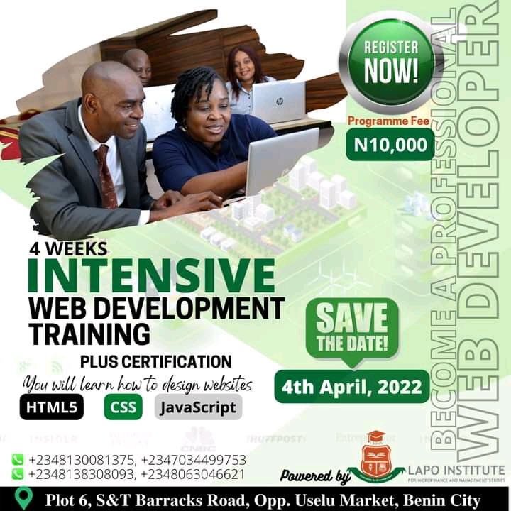 LAPO_MFB's tweet image. Become a professional WEB Developer! Register Now!
This is a 4 weeks intensive Web Development Training. Plus Certification.
Date: 4th April 2022
HTML5 ✅
JavaScript ✅
CSS ✅
#webdevelopertraining #webdevelopment #webdevelopmentbenin #intensivetrainingprogram #lapoinstitute