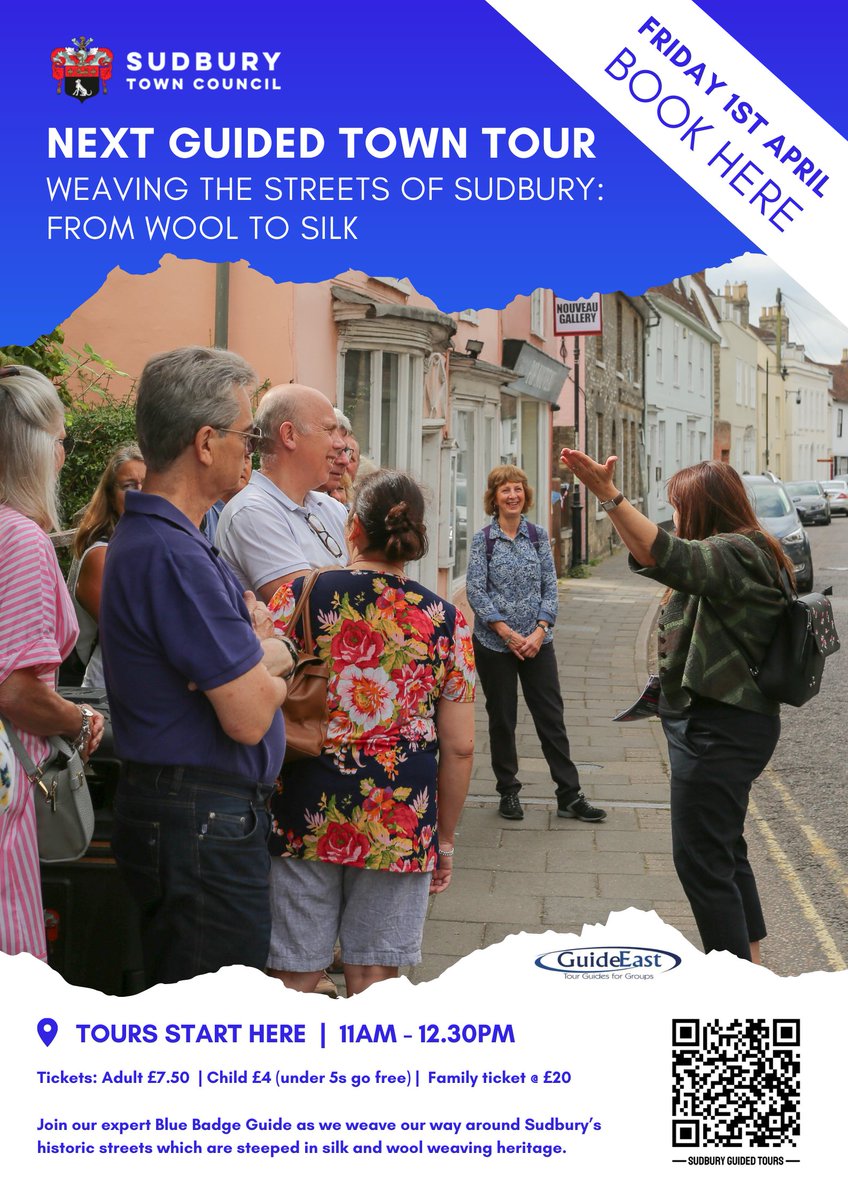 Friday 1st April - Join us as we weave the streets of #SudburySuffolk on this Blue Badge guided town tour!
Woolly tales to Sudbury Silk, the Star-Spangled-Banner to surnames of Sudburians!
Book here:
sudburytowncouncil.co.uk/sudbury-guided… 
or call 01787 372331 to book your spot!