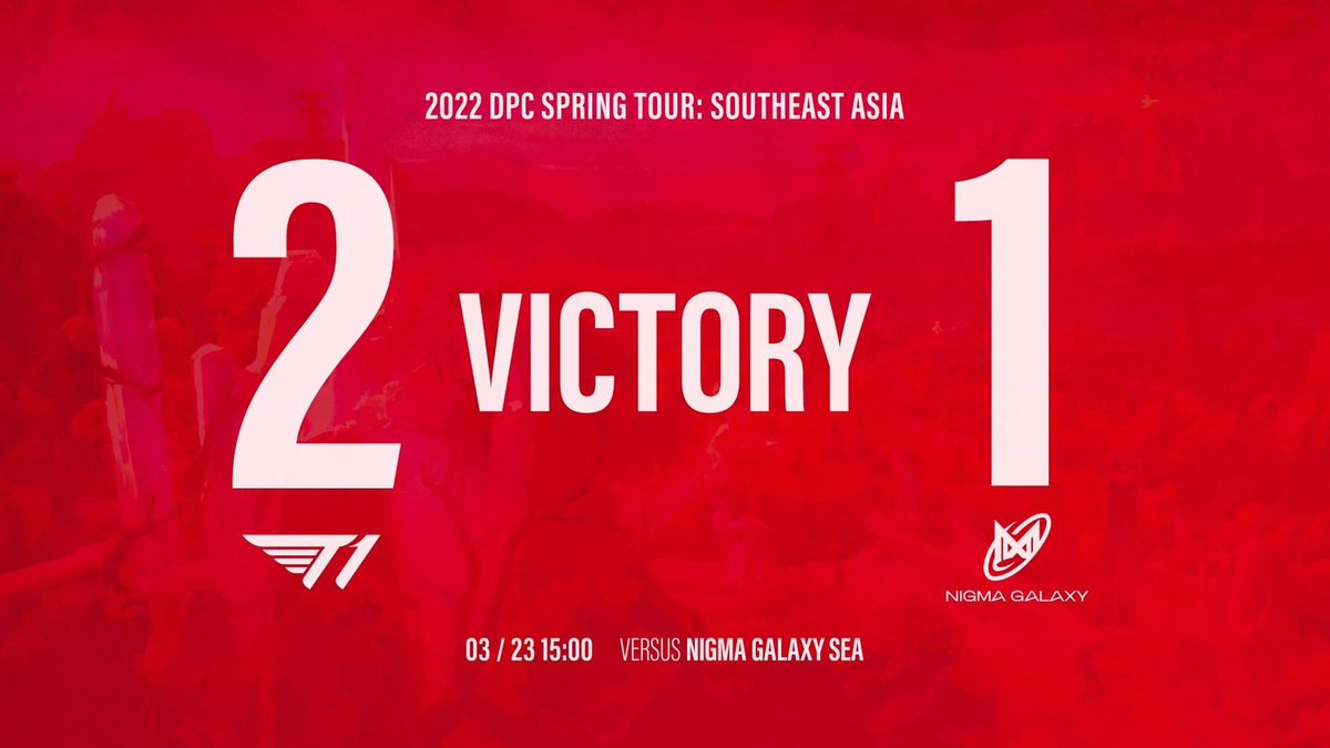 T1's tweet photo. [#T1DOTA2] 2022 DPC Spring Tour: SE Asia

Great performance from the boys leads us to a 2-1 victory vs Nigma Galaxy SEA.

GGWP🤝 We'll see you on Saturday, #T1NATION!

#T1WIN #T1Fighting #igniT1on https://t.co/n29duRuMSI