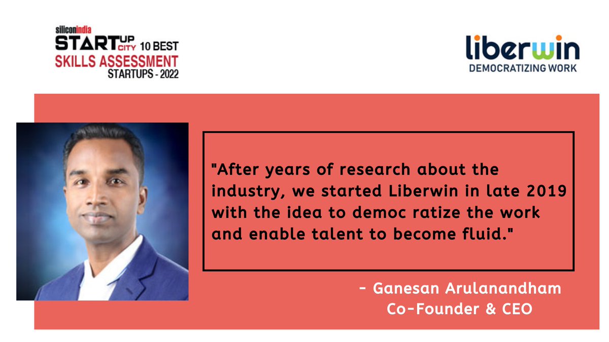 <a href="/LiberWin/">Liberwin</a> has been selected by #StartupCity as one of the '10 Most Promising #Skills_Assessment_Startups - 2022'

<a href="/ganesharul/">Ganesan Arulanandham</a>, Co-founder &amp; CEO

Read More: cutt.ly/ySSfdpg

#Digital #Learning #Startups #Remotework #Career #Employeeengagement #AI #SkillAssessment