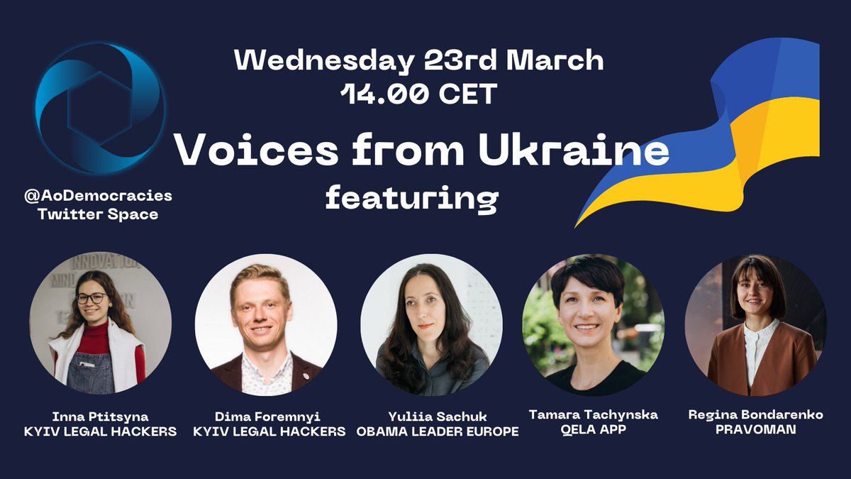We're delighted to be joined by <a href="/ObamaFoundation/">The Obama Foundation</a> Europe Leader <a href="/SachukYuliia/">Yuliia Sachuk</a> in todays Voices from Ukraine space, as well as tech experts @dmitry_for and @InnaPtitsyna. We'll also hear from our fellows @TomKTach &amp; <a href="/UALegalengineer/">Regina Bondarenko</a>.

Join us in an hour👉 bit.ly/3DjaumB