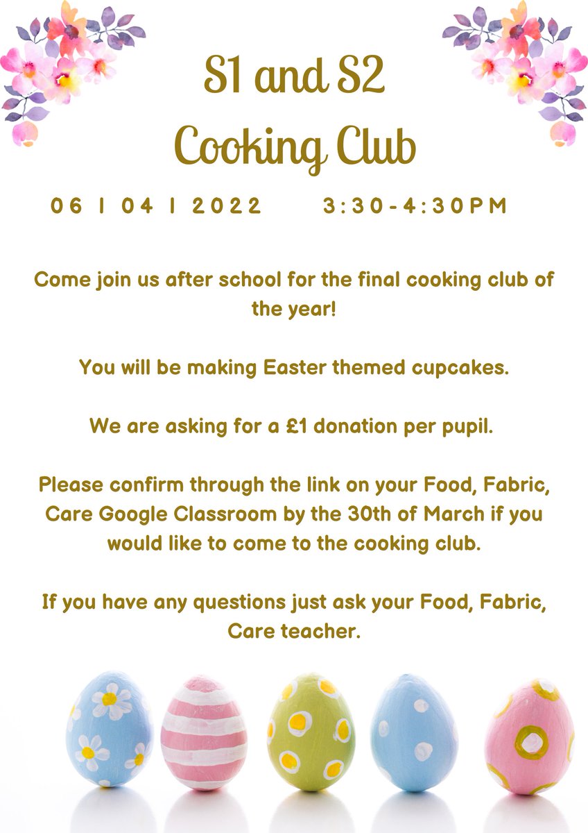 Excited to bring back the cooking club for the last time this year! This time we will be making some lovely Easter cupcakes. The club is open to everyone is S1 and S2, please sign up through the link on your Food, Fabric and Care Google Classroom.