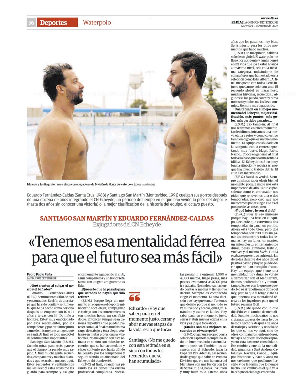 🗞 Un cara a cara, una entrevista en <a href="/eldia/">El Día</a> y dos #LeyendasEcheyde , <a href="/edufdezcaldas/">Caldas</a> y Santiago San Martín 🤽‍♂️, que dicen adiós al #TenerifeEcheyde y al waterpolo 🏐