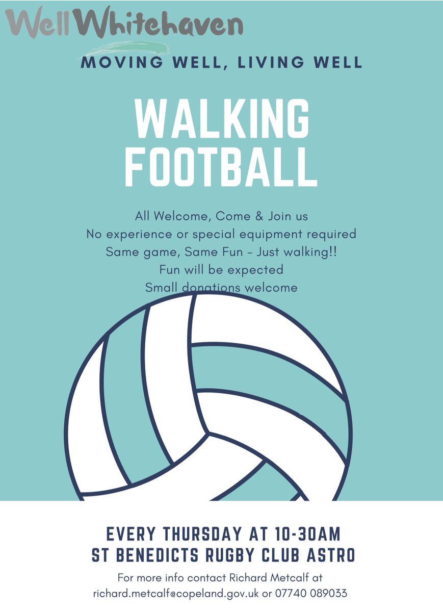 WALKING FOOTBALL | Weekly sessions continue in Whitehaven!

⚽️ Every Thursday 10:30am at St Benedicts Rugby Club, Newlands Avenue, Whitehaven

❗️If you'd like to 'have a go' at #WalkingFootball visit our Walking Football page to find your local centre 👉bit.ly/3D4M67W