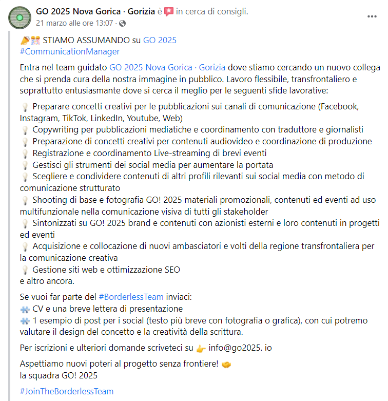 FabioGentile7's tweet photo. #Gorizia e #NuovaGorizia cercano un #CommunicationManager per la #CapitaleCultura25 #lavoro #giornalismo #press #social #borderless Qui la ricerca trovata su #Fb perchè non esiste una pagina su #twitter . Prego RT per le molte persone che forse possono essere interessate. Grazie https://t.co/86XjuNPv2g