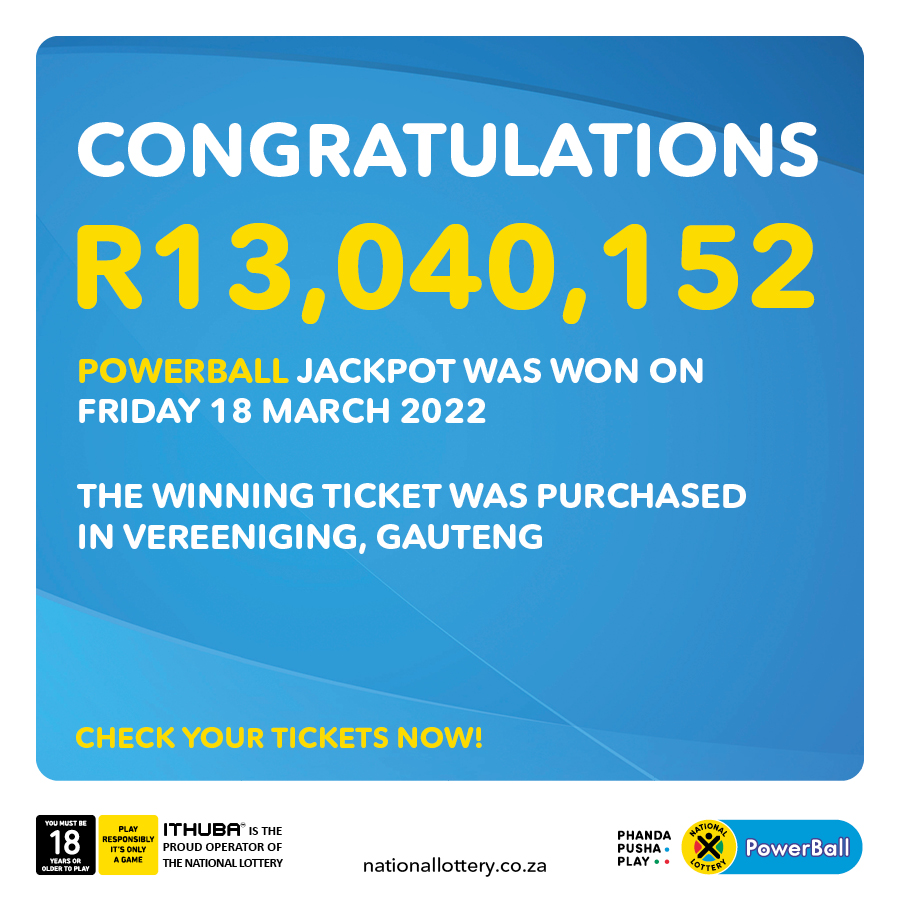 sa_lottery26's tweet photo. Congratulations GAUTENG! You have a new #POWERBALL jackpot winner of R13,040,152.40 from the 18/03/22 draw. #Manual ticket selection &amp; wager amount was R30. https://t.co/CKNWWWcWYN