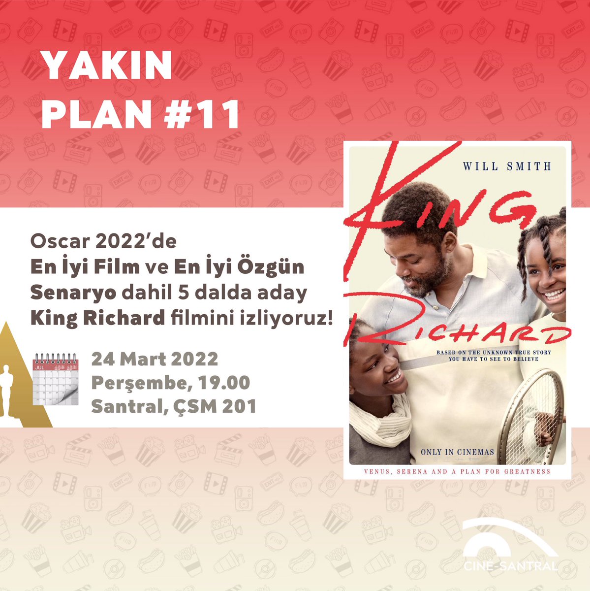24 Mart Perşembe günü saat 19.00'da hep birlikte Oscar adayı King Richard filmini izleyerek Yakın Plan serimize kaldığımız yerden devam ediyoruz 🏆✨
Afiş Tasarım: @cihatalims 
#cinesantral22 #Oscars #KingRichard