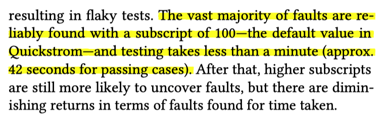 quickstrom_io's tweet photo. We also present measurements on false negatives vs running time from the TodoMVC benchmark. These suggest that the default subscript of 100 (trace length required by temporal operators) is good, and that we can find most problems pretty quickly. https://t.co/PBxVrPZDqL