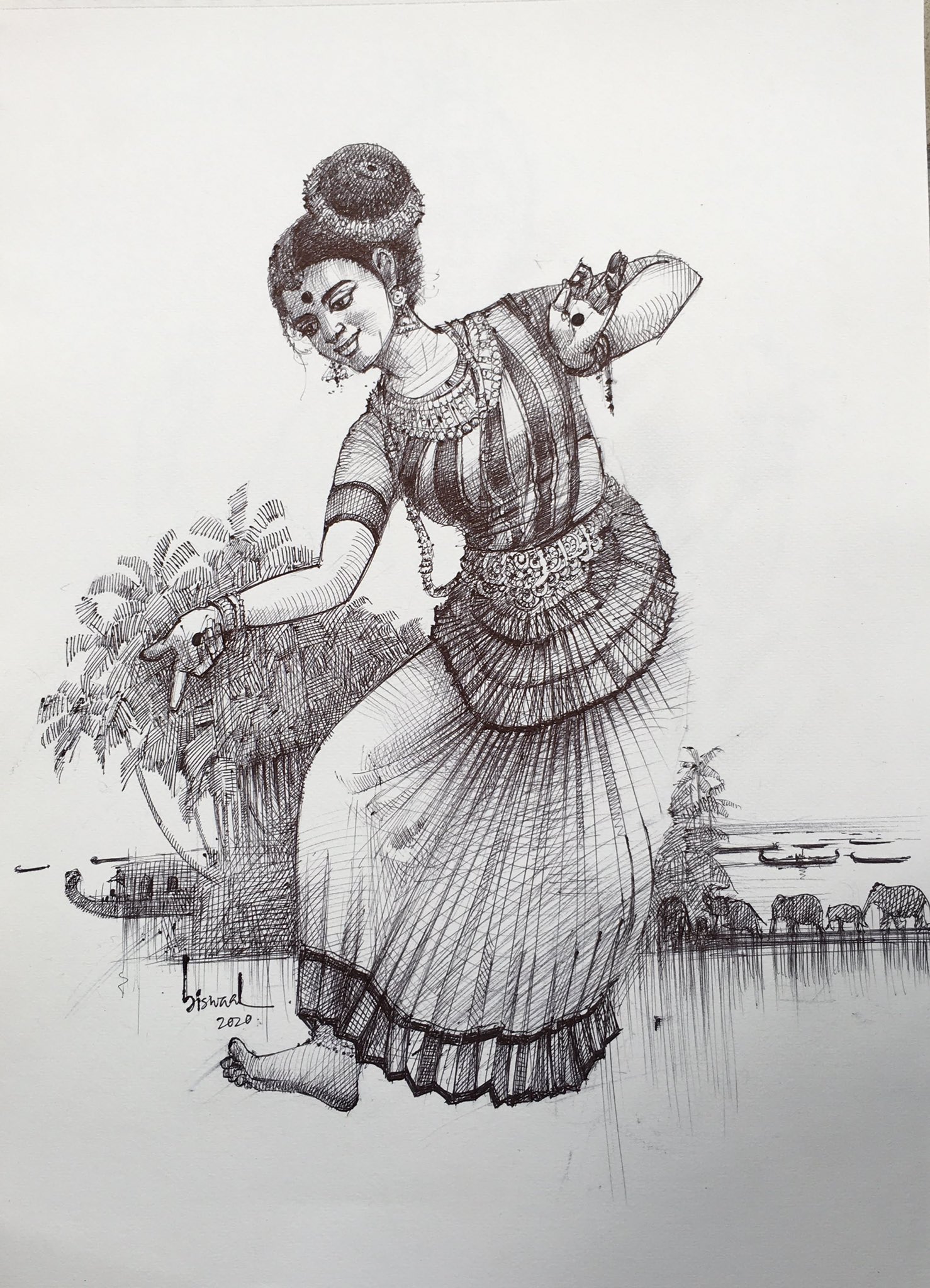 Mohiniyattom Dancer Pen Drawing – Meghnaunni.com