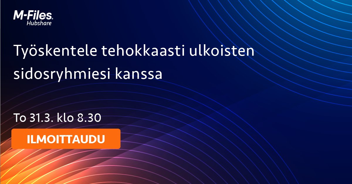 M-Files Suomi (@mfilessuomi) on Twitter photo Tule kuulemaan mm. asiakkaamme <a href="/KaisanetOy/">Kaisanet Oy</a> kokemuksia yhteistyöstä sidosryhmien kanssa ja M-Files Hubsharen käytöstä sen välineenä. Voit osallistua joko paikan päällä Helsingin Musiikkitalossa tai omalta tietokoneelta. Ilmoittaudu nyt: bit.ly/3D2eRSA #yhteistyö Tule kuulemaan mm. asiakkaamme <a href="/KaisanetOy/">Kaisanet Oy</a> kokemuksia yhteistyöstä sidosryhmien kanssa ja M-Files Hubsharen käytöstä sen välineenä. Voit osallistua joko paikan päällä Helsingin Musiikkitalossa tai omalta tietokoneelta. Ilmoittaudu nyt: bit.ly/3D2eRSA #yhteistyö