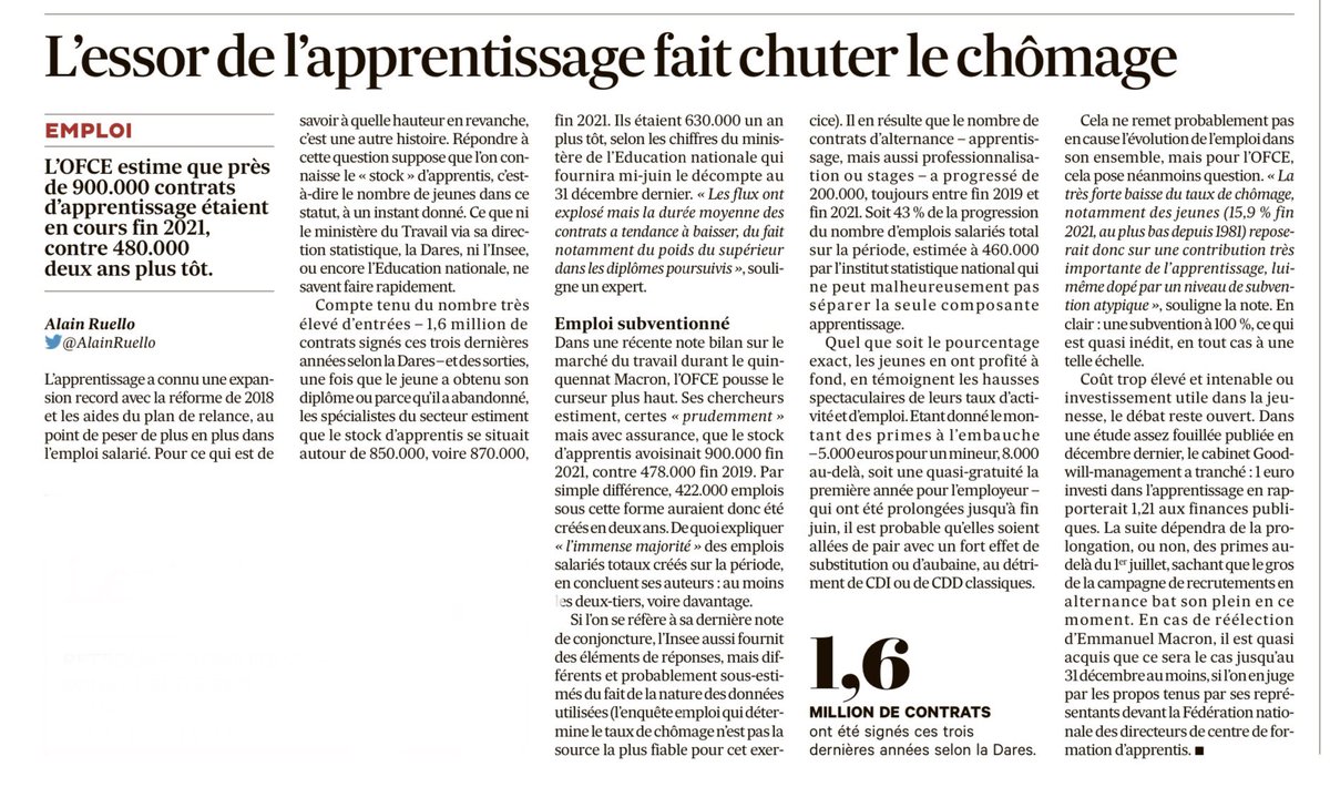 #apprentissage un million d’alternants en France? Une analyse des stocks d’alternant permet de caresser de près ce doux rêve 💪🏼
La forte baisse du taux de chômage et notamment des jeunes reposerait donc sur une contribution très importante de l’apprentissage