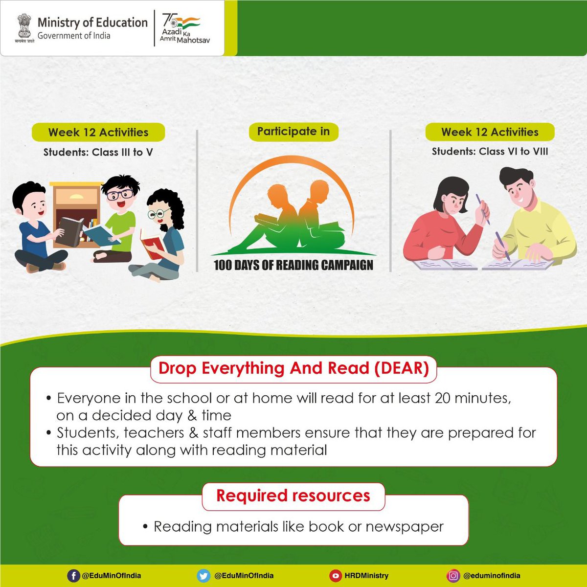 Week12 of #100DaysReadingCampaign! This week's activity ‘Drop Everything And Read’ (DEAR) aims to promote reading among all (students, teachers &amp; staff members) &amp; hence build a culture of joyful learning in schools. #PadheBharat