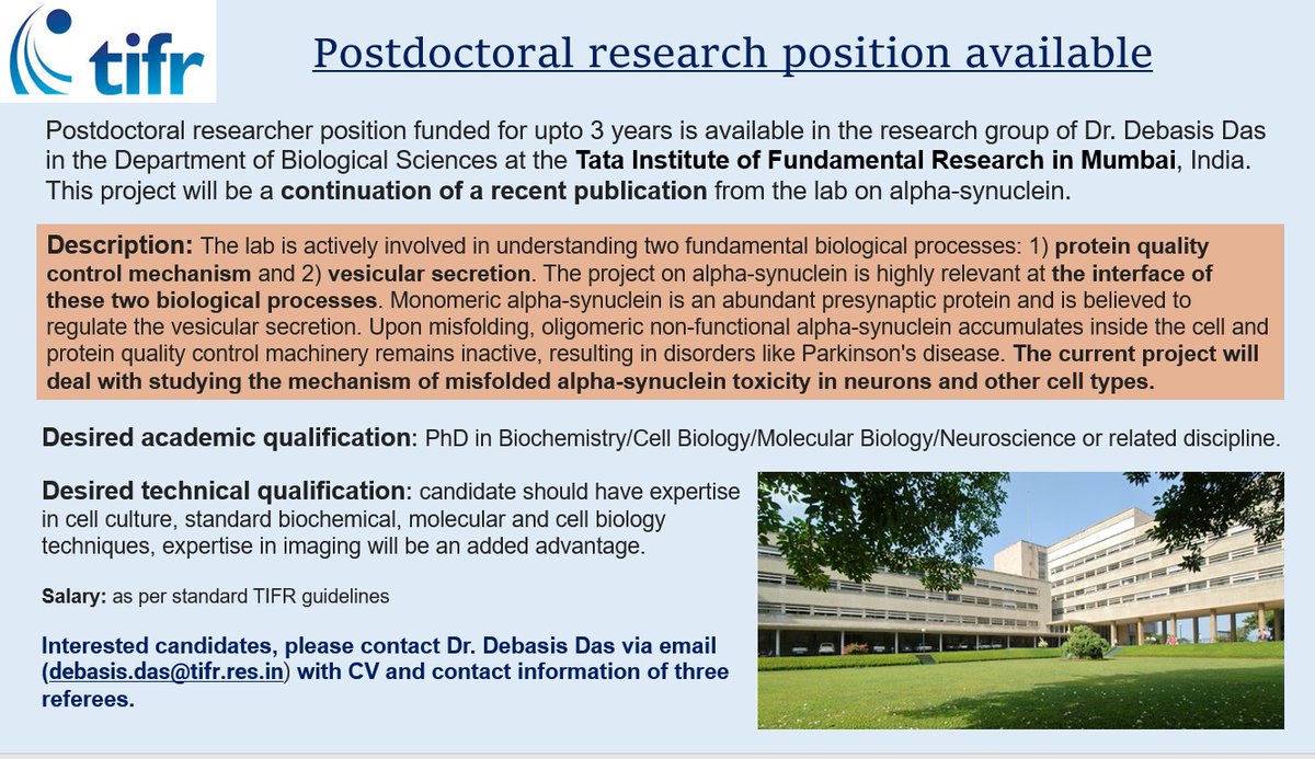 Debasis Das Lab (@ddlab_tifr) on Twitter photo We are hiring postdoctoral fellows at <a href="/DDlab_tifr/">Debasis Das Lab</a> at the Dept. of Biological Sciences, <a href="/TIFRScience/">Tata Institute of Fundamental Research</a> to work on an exciting project! For more details, check the poster below 👇🏼
Please RT.
#AcademicTwitter #postdocs #neuroscience We are hiring postdoctoral fellows at <a href="/DDlab_tifr/">Debasis Das Lab</a> at the Dept. of Biological Sciences, <a href="/TIFRScience/">Tata Institute of Fundamental Research</a> to work on an exciting project! For more details, check the poster below 👇🏼
Please RT.
#AcademicTwitter #postdocs #neuroscience