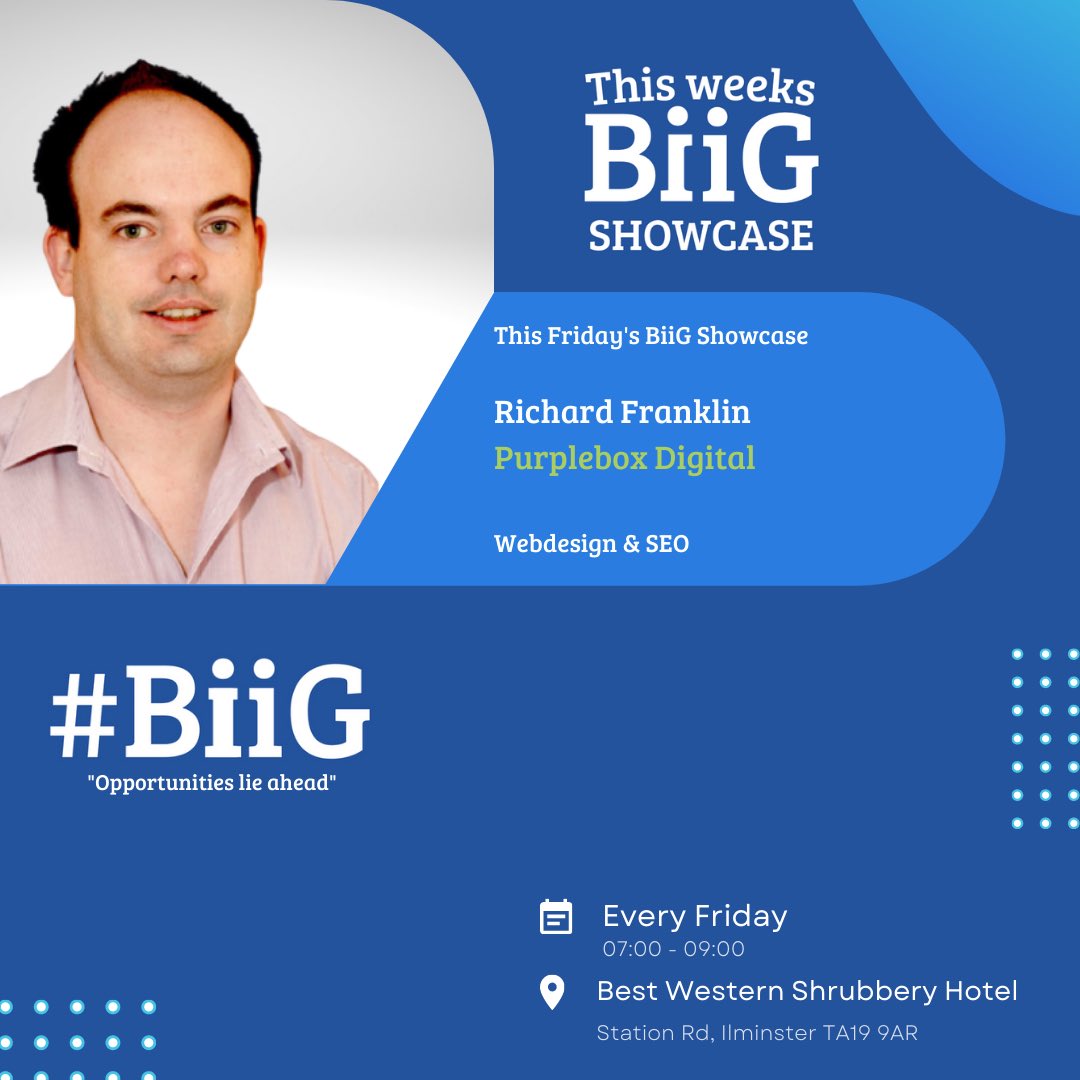 Super excited for this weeks #BiiGShowcase introducing Richard Franklin from Purplebox Digital 

Yesterday Rich celebrated his 10th year in business 👏🏼👏🏼👏🏼👏🏼👏🏼 he is an absolutely  legend in website design and SEO. Highly recommended by a number of people in the group.

#BiiG