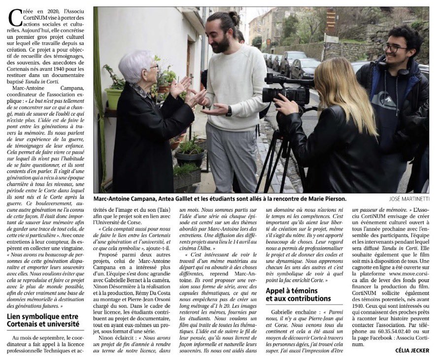 👀L’Associu Cortinum est dans <a href="/Corse_Matin/">Corse-Matin</a>! 🎥 « Tandu inCorti » est un documentaire dédié à #Corte et ses mémoires vivantes. Pour le finaliser, l’association lance sa campagne de financement👉🏼 move.corsica/Tandu-inCorti
🍿 déduction d'impôts, inscription au générique film…