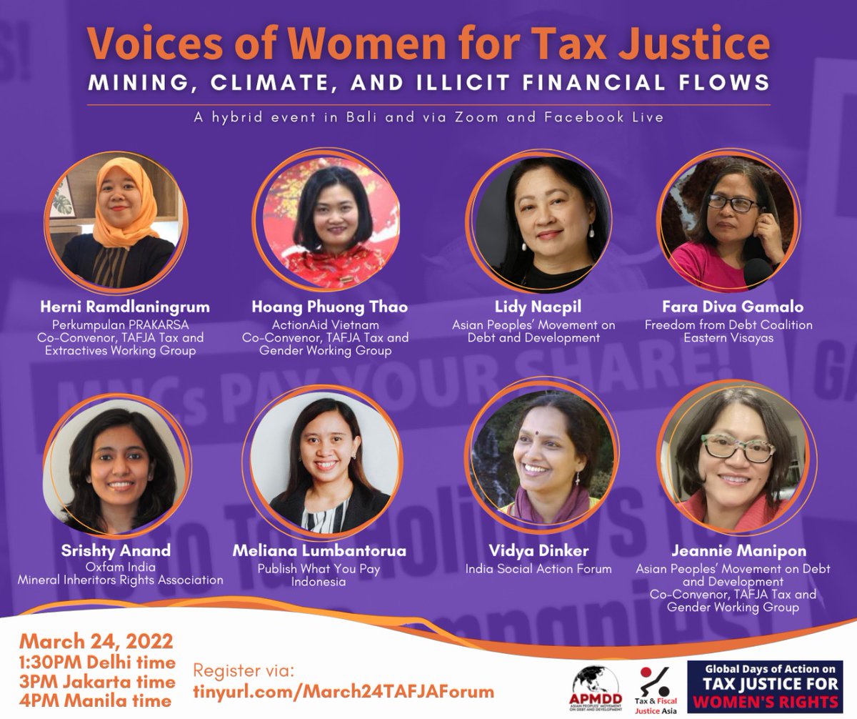 rights_mineral's tweet photo. Join this public forum “Voices of Women for Tax Justice: Mining, Climate, and Illicit Financial Flows” on March 24, 2022, Thursday, 4:00 PM to 5:30 PM (Manila time or GMT+8)/ 1.30 pm to 3.00 pm India time.
Kindly register here: https://t.co/zDP3Qh7oxf https://t.co/Vdoh3DLs6s