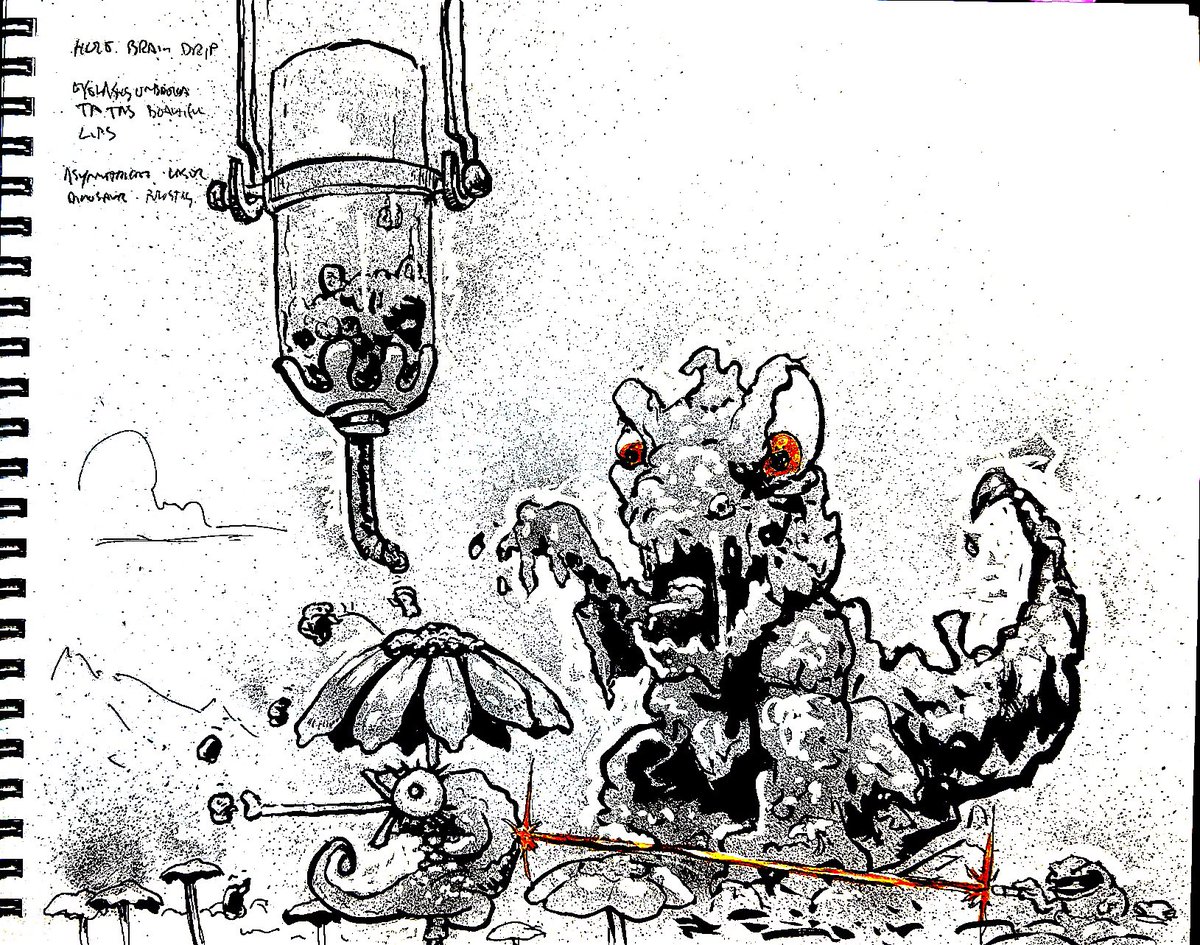 valleydweller's tweet photo. Tonight’s #makingmonsters with @codyschibi   Hop in next Tuesday!  This is 3 different sets of prompts. Doing traditional stuff since @awheelerart sells dope sketchbooks. Great paper. Go buy a couple. 
#art #sketch #monster #pentelbrushpen #gellyroll #correctionfluid #sketchbook https://t.co/cpuKkn2fTk