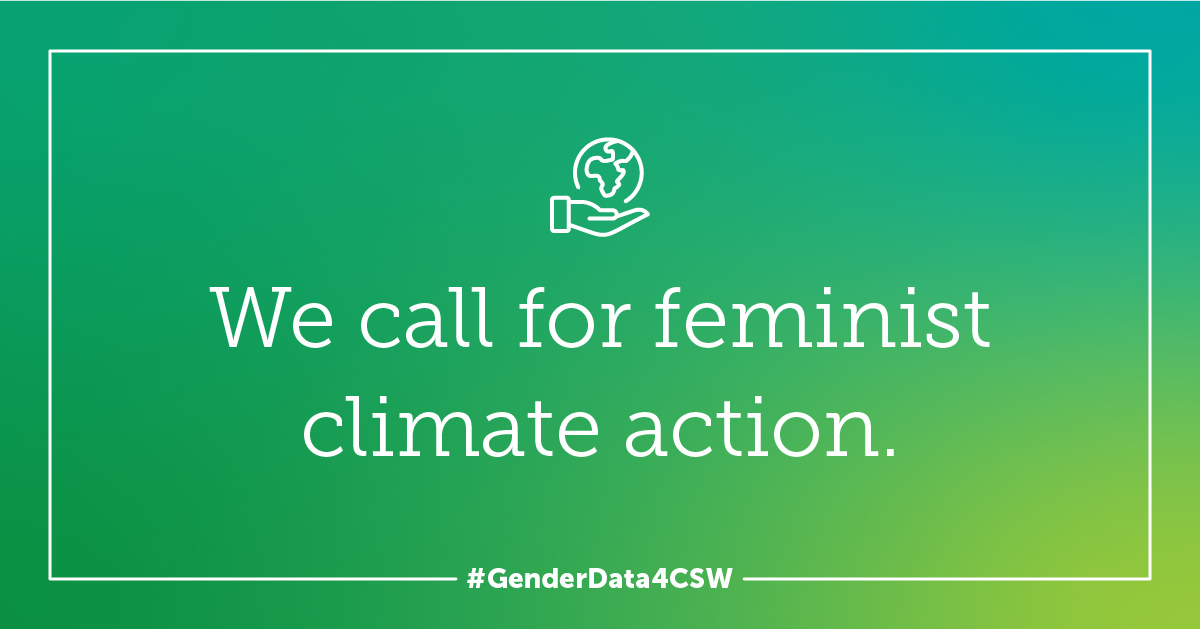 White text that says "We call for feminist climate action". The background is a green yellow gradient and there is an icon of a hand holding a globe.
