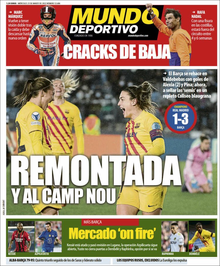 sopep's tweet photo. Hoy los informativos deportivos han abierto con el clásico femenino de ayer en Champions.
#UWCL #Alexia #Esther y #ClaudiaPina Trendring Topic en España. 
El fútbol femenino se hace hueco en las portadas. 
El fútbol femenino SÍ interesa. 
Ha costado pero estamos aquí. https://t.co/CNJya169TS