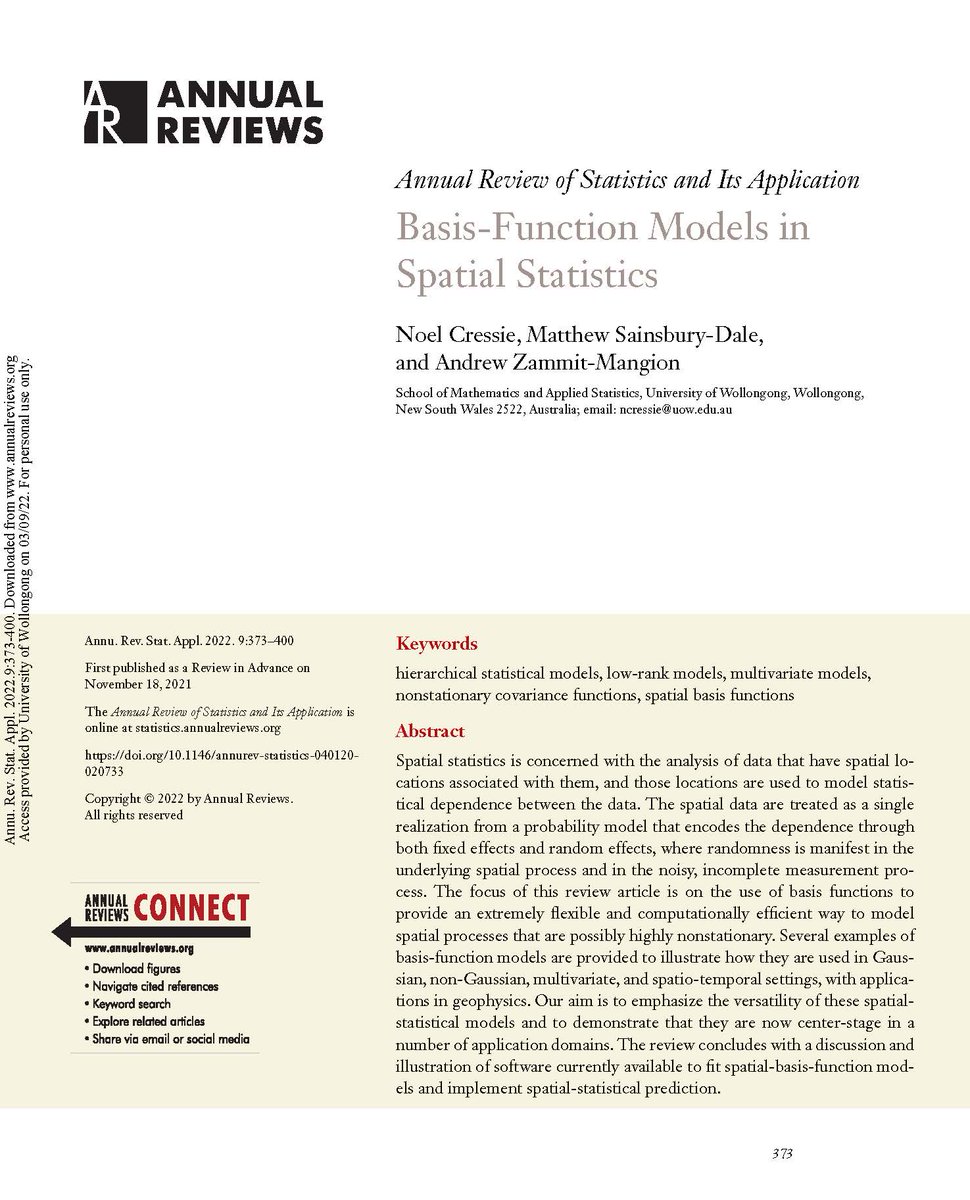 NoelCressie's tweet photo. All authors very happy to see the review, "Basis-function models in spatial statistics," appear in Ann. Rev. Stat. Appl. (2022), vol.9, pp.373-400. Go to: https://t.co/AbRH5yAIFV
#spatialstats #stats #RStats @uowcei @uowniasra https://t.co/evcskMi9zH