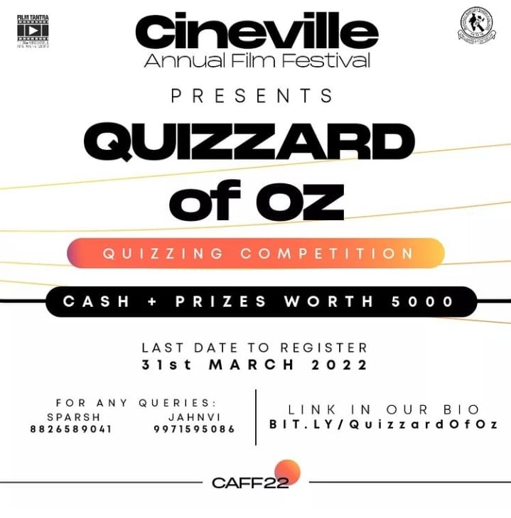 Filmtantrasbsc's tweet photo. Filmtantra is here with the ultimate quiz on film-making, our contest QuizzardofOZ.👑
If you are interested in testing your knowledge📝 of films or in winning cash prizes worth Rs.5000💰, join us for the preliminary round on 9th April '22
Register on https://t.co/iqdr3M7Lzg https://t.co/y9Pa4G81JM