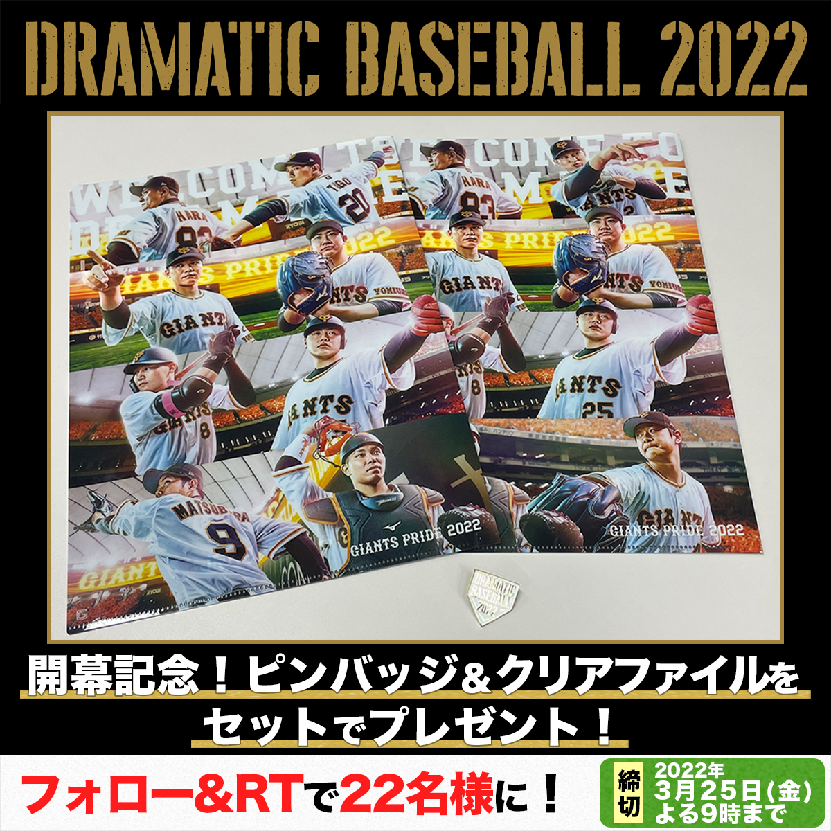 ntv_baseball's tweet photo. ⚾㊗️❗️#プロ野球開幕 ⚾
2022年シーズン開幕を記念して

番組公式ピンバッジ
#BS日テレ &amp; #日テレジータス クリアファイル

をセットで2⃣2⃣名様にプレゼント🎁

1. @ntv_baseball をフォロー
2. このツイートをRT
締切は3/25(金)21時まで⏰

ご応募お待ちしております！

#どらべ2022 #絶対頂点