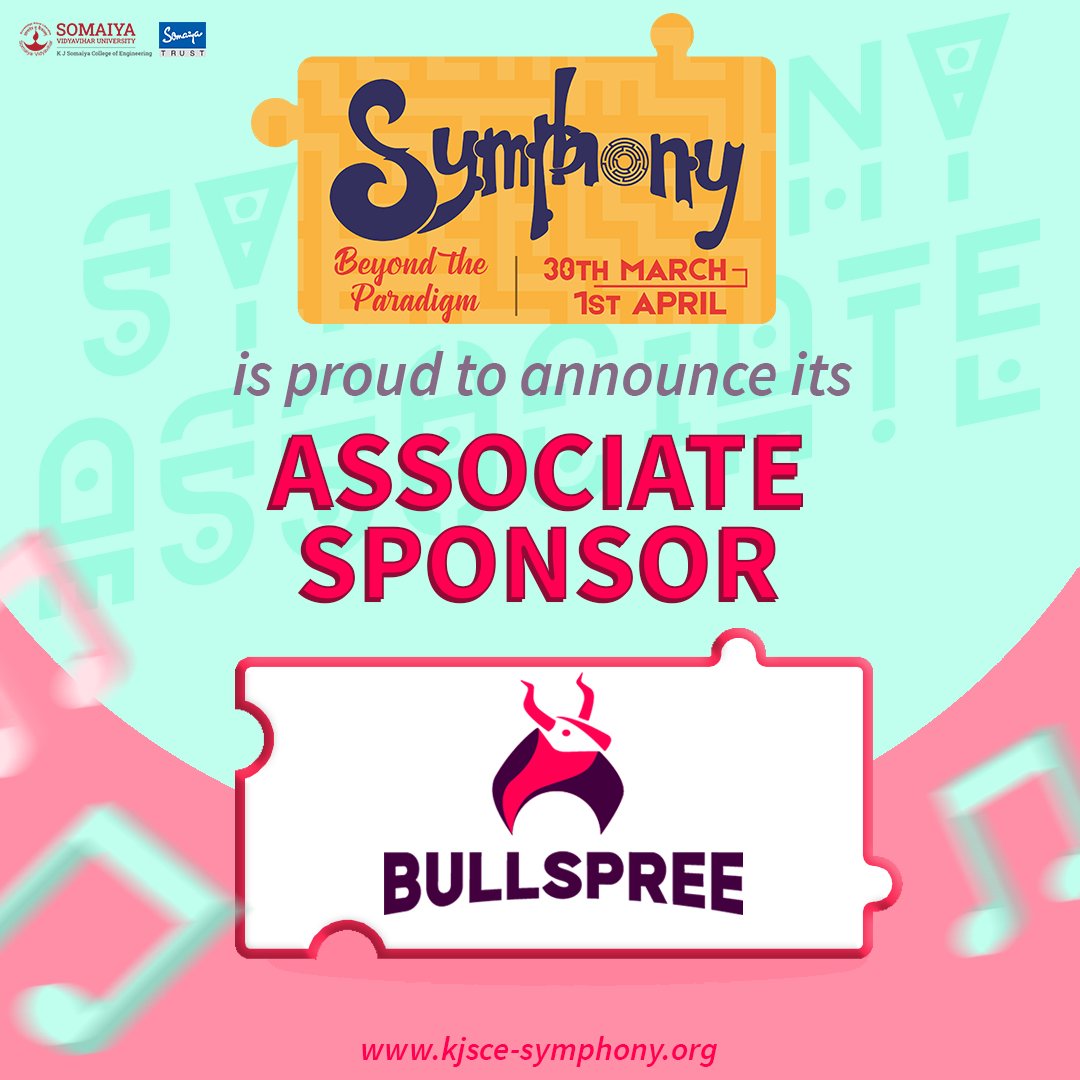 KjsceSymphony's tweet photo. We are thrilled to announce that Symphony 2022 keeps getting bigger and better with @Bullspree backing us as the Associate Sponsor of the fest. We are grateful to Bullspree, India's stock market gaming app, for its great support.
#BeyondTheParadigm #Bullspree https://t.co/0v3jTZtASm