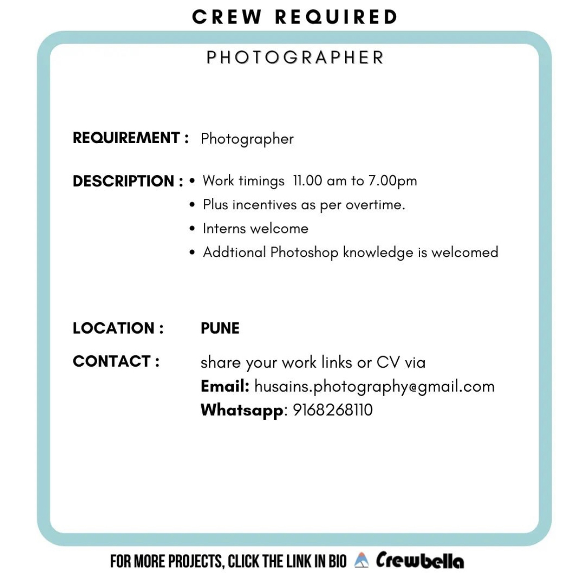 CrewBella1's tweet photo. Industry Opportunity - PHOTOGRAPHER

Hire your favourite crew through our platform with secured digital contracts which ensures monetary security.

For more projects, visit our platform.
https://t.co/qM57xXuGLD

#photography #pune https://t.co/iTjEqGgHdX