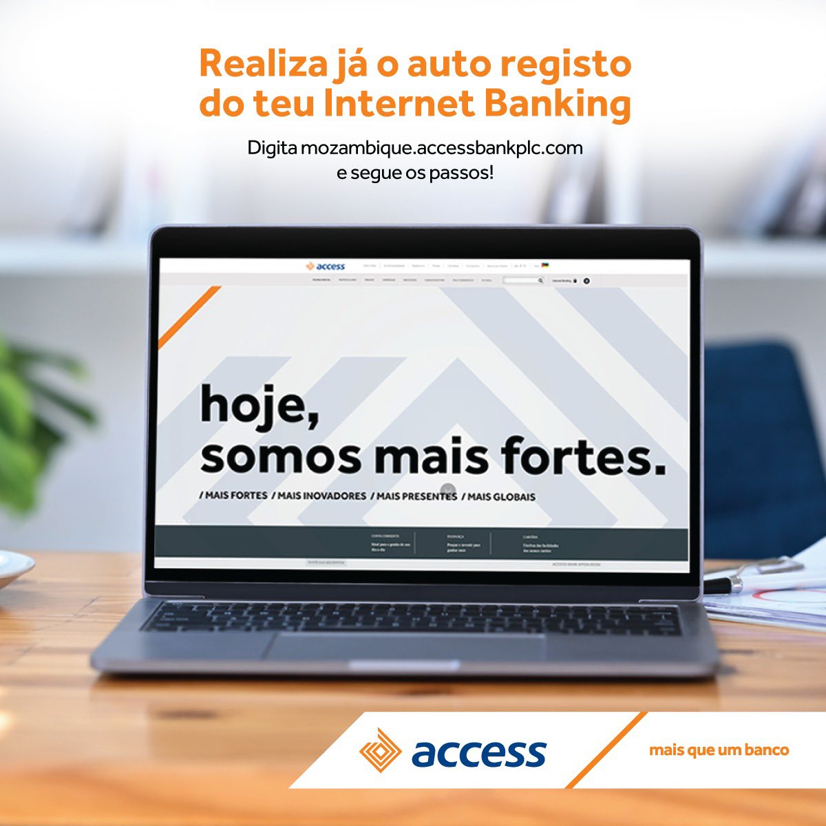 Sabias que podes fazer o auto registo do teu Internet Banking de forma fácil e rápida? Entra no nosso website e segue os passos:
ibank.mozambique.accessbankplc.com

Para mais informações dirige-te à agência, liga para 800 724 724 ou envia um e-mail para contactcenter.moz@accessbankplc.com