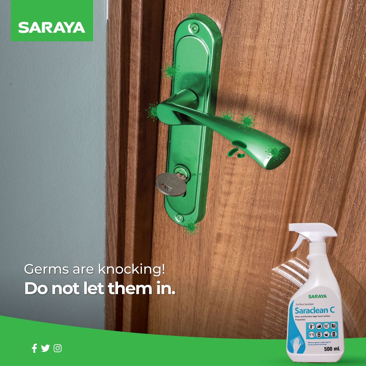 saraya_uganda's tweet photo. The doorknob is one of the things we touch every time, every day! and that makes them a deadly germ-spot. Disinfect doorknobs with SaraClean to get rid of germs.
#SaraClean #FightGerms https://t.co/2EoJ9zstVo