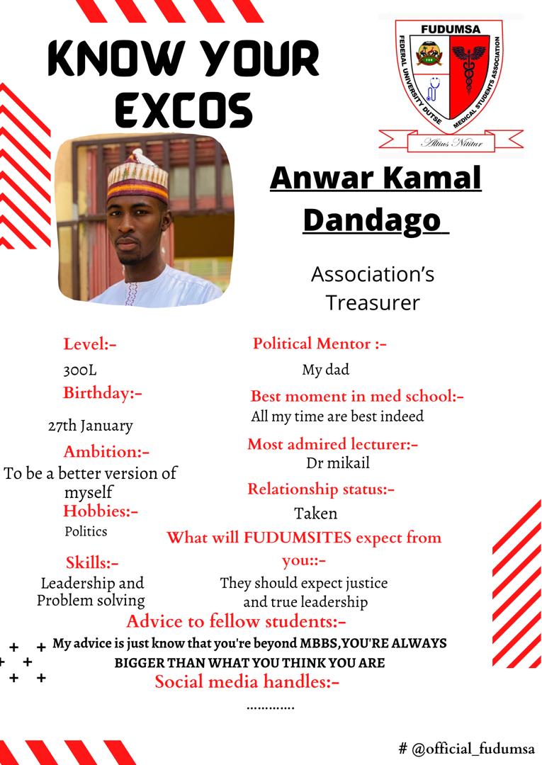 fudumsa's tweet photo. Our Exco of the week is ANWAR KAMAL DANDAGO a level 300 medical student and the Treasurer of the association.
Popularly known as UBAN KITABA and his med school crush is Amira Abba,from the same class.
 Congratulations!

Federal University Dutse  Medical Student. https://t.co/tdrnKFedIJ