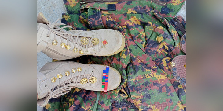 DVB_English's tweet photo. A pair of boots decorated with medal bars taken from Burma Army soldiers killed in action against resistance groups has sold for US$18,500 at an auction hosted by activist Ei Pencilo. Proceeds will be donated to support PDFs. https://t.co/zwrZayzzvV