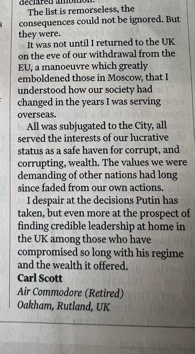 Extraordinary letter in @ft from former UK defence attaché at Moscow embassy - we warned you about Putin but you listened to the City instead