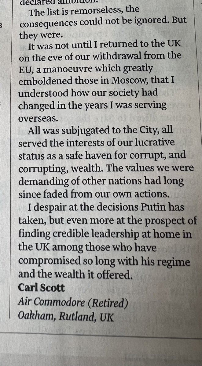 Extraordinary letter in @ft from former UK defence attaché at Moscow embassy - we warned you about Putin but you listened to the City instead