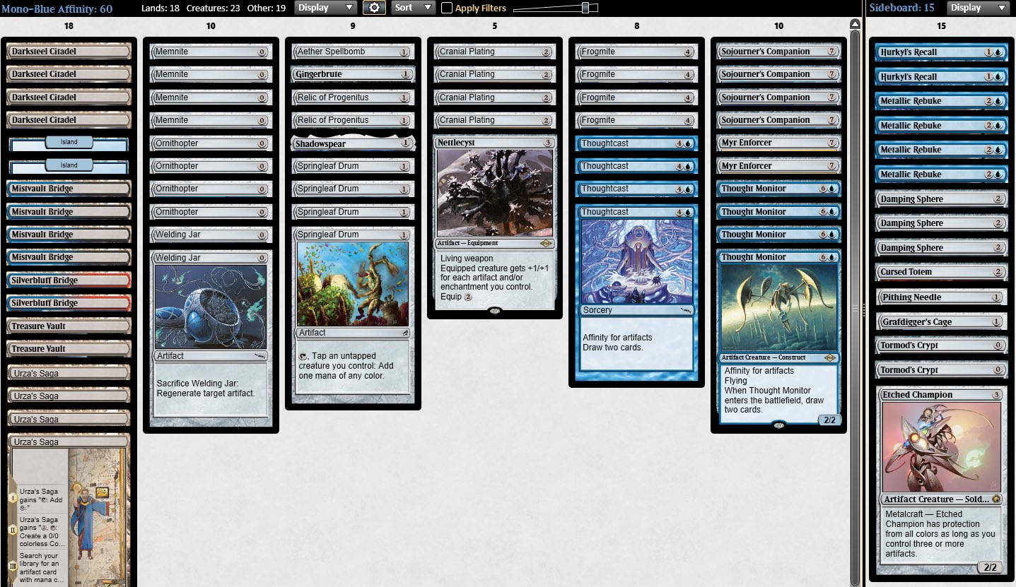 Andrea Mengucci på Twitter: "MonoBlue Affinity Top8 SCG Indy and it plays 0  Moonsnare Prototype. It's possible that the card isn't really good in a  deck without Urza. Decklist: https://t.co/dSKtmaeE0G Live now: