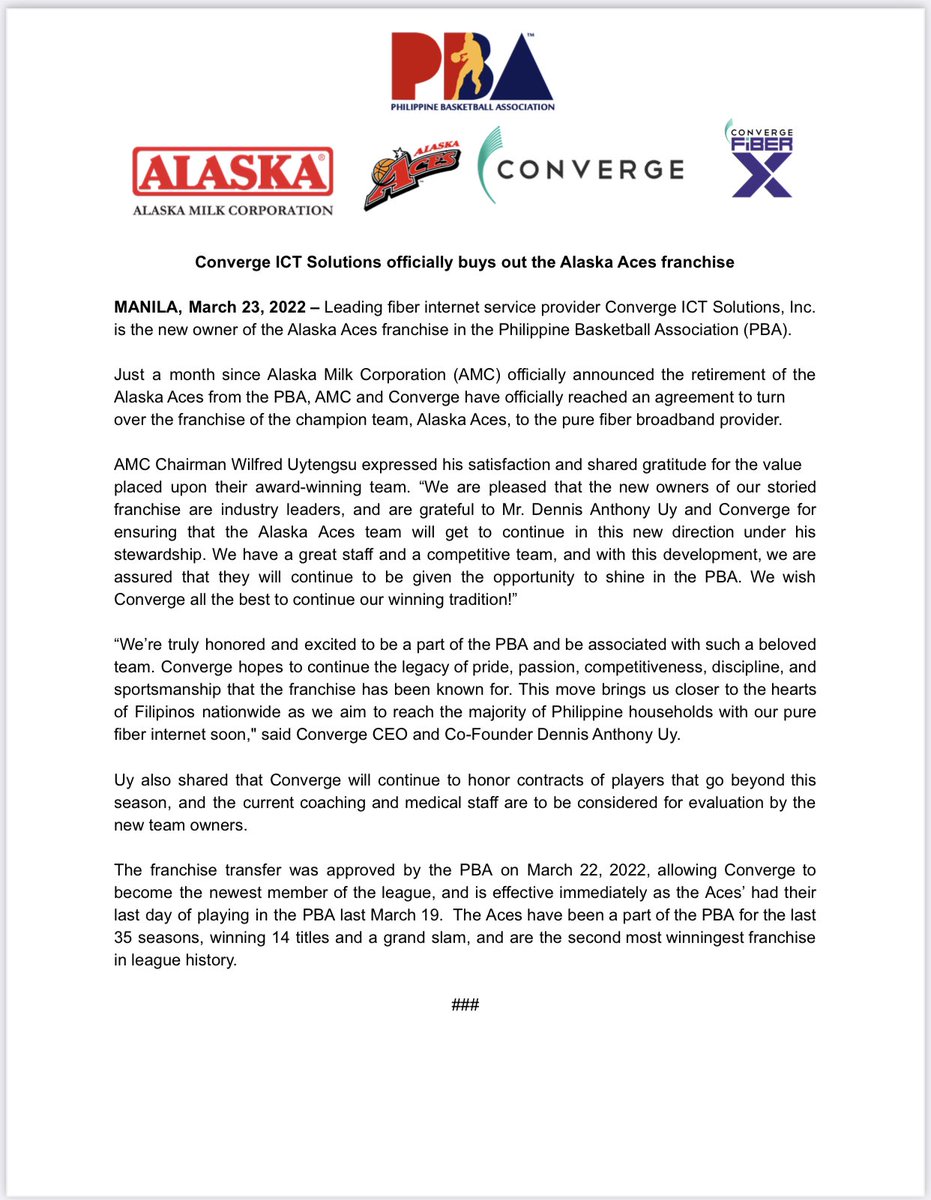 ABSCBNNews's tweet photo. It's official: Converge ICT has bought the Alaska franchise. | via @camillenaredo  https://t.co/vRCQOLQduS