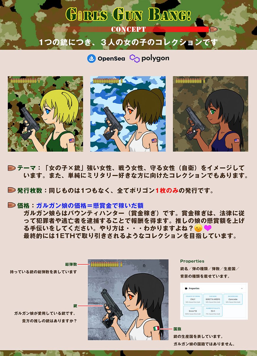 PuNiNFT's tweet photo. 📢告知📢

🔫ガルガン第五弾の発表です！

新アイテム、新背景の追加でワイルドさUP！
３週連続、木曜日２０時に３点づつ0.005ETHでリストします。
まだまだ格安のガルガン！少しづつ値上げしていくので安く手に入る今のうちにチェックお願いします😊 https://t.co/63UT5I6i9J