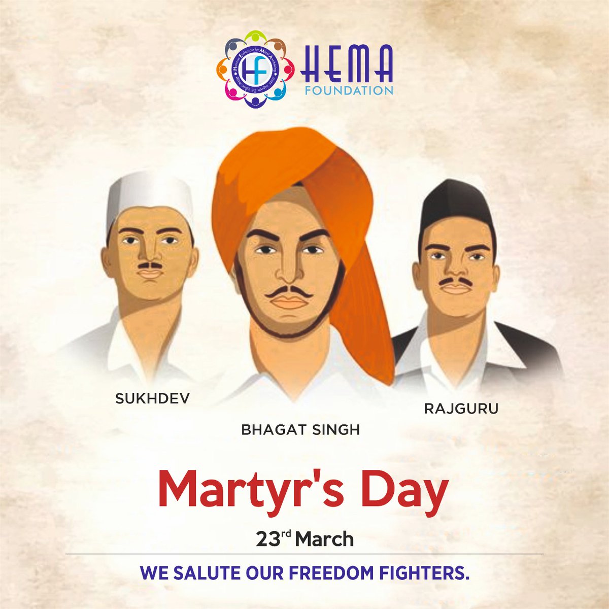 On this Shaheed Divas we at HEMA Foundation pay homage to our brave freedom fighters, the extraordinary revolutionaries of India,  Bhagat Singh, Shivaram Rajguru and Sukhdev Thapar.
#respectfornation #sukhdev #bhagatsingh #rajguru
#freedomfighters #shaheeddivas #martyrsday
#india