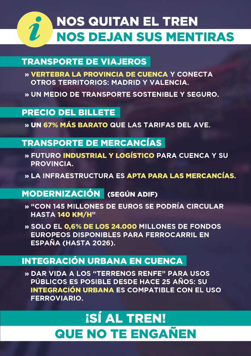 EcologistasAbCu's tweet photo. Algunas mentiras con respecto al Tren. 
#quenotelocuenten

Únete el próximo domingo, 12 horas, estación de tren de #Cuenca. https://t.co/5KfnE5q9VC